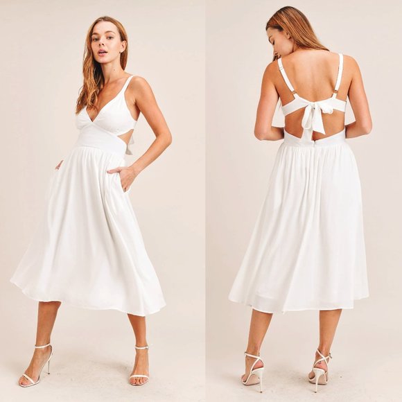 Lulu's Bold New Look Tie-Back Cutout Midi Dress With Pockets in White - Picture 1 of 8